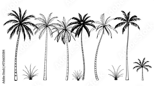 Modern minimalist poster with eight palm tree line drawings in horizontal layout. Black outlines, some solid fills, neutral cream background, clean flat design emphasizing geometry and simplicity.”