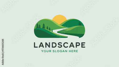 A minimalist landscape logo design featuring a stylized river flowing between green hills against a white background