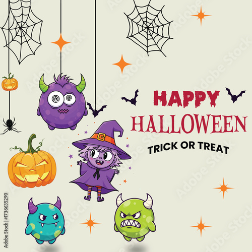 Happy halloween trick or treat with cute monsters and witch
