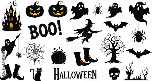 Spooky halloween silhouettes featuring haunted house witch ghost and black cat
