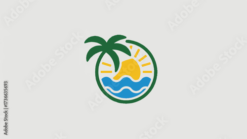A minimalist logo design featuring a tropical beach scene enclosed in a green circular border. 