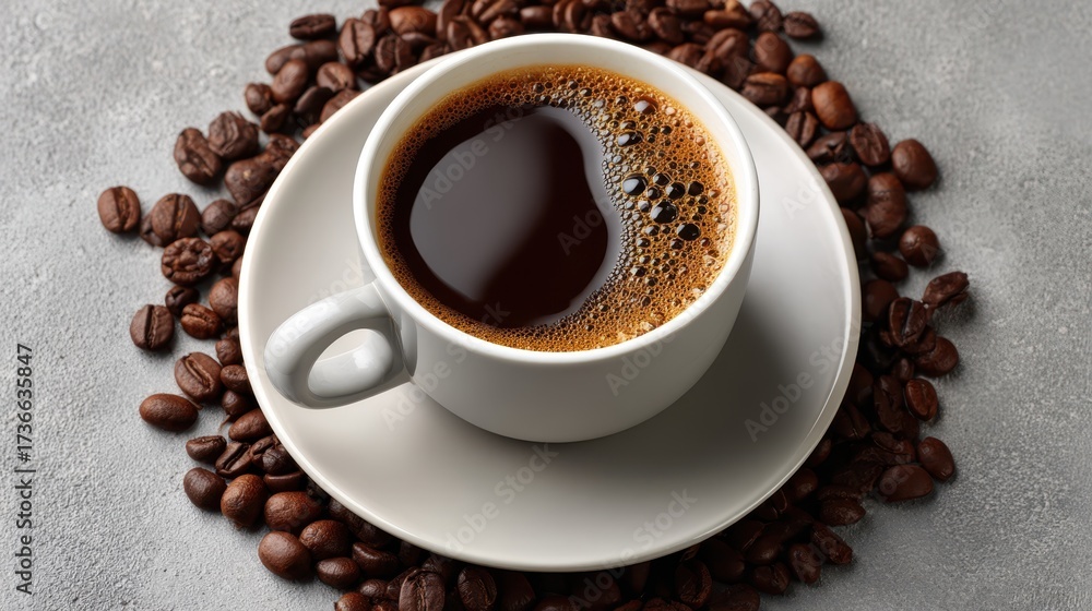 Fototapeta premium Aromatic coffee cup surrounded by roasted coffee beans