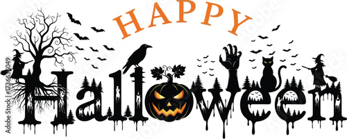 Happy halloween text design with pumpkin witch cat crow and bats silhouettes