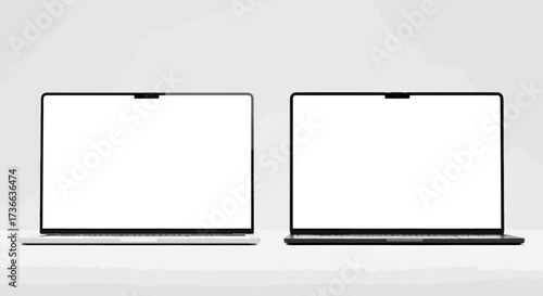 Two Modern Laptops Displaying Blank White Screens Side by Side on a Clean White Background Minimalist Electronic Device Showcase