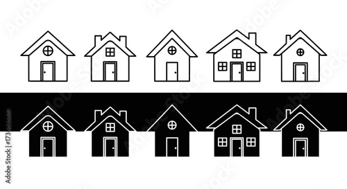 A Collection of Simple House Illustrations Contrasting White and Black Designs for Architectural Themes