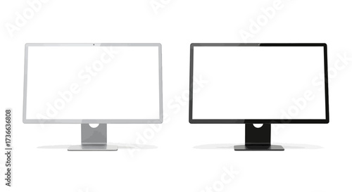 Two modern computer displays with blank screens one in silver and the other in black showcasing sleek design and minimalist aesthetics perfect for digital art and graphic design work