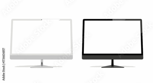 Two Modern All-In-One Computers Displaying Blank White Screens Set Against A White Background Showing Their Sleek Designs Side By Side