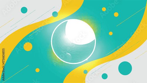 A modern abstract background design with a white central area surrounded by turquoise and yellow curved shapes. 