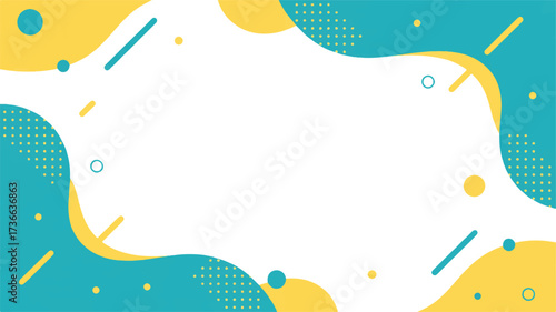 A modern abstract background design with a white central area surrounded by turquoise and yellow curved shapes.