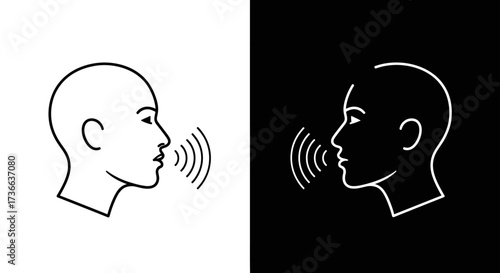 Visual representation of a person speaking with sound waves emanating from their mouth shown on black and white backgrounds symbolizing communication and sound production