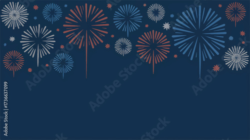 A patriotic themed background design featuring fireworks and stars against a deep navy blue backdrop 