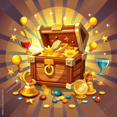 Treasure chest overflowing with gold coins and jewels cartoon vector illustration perfect for game design and fantasy themes