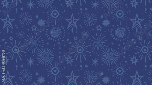 A seamless pattern design on a deep royal blue background featuring repeating stars and fireworks patterns. 