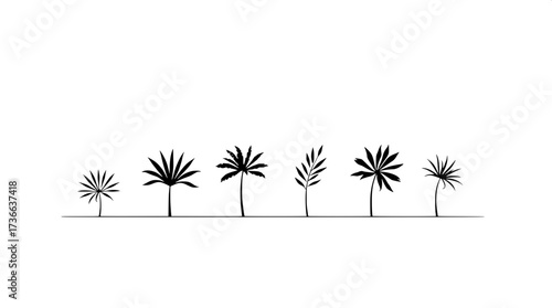 Modern minimalist poster with eight palm tree line drawings in horizontal layout. Black outlines, some solid fills, neutral cream background, clean flat design emphasizing geometry and simplicity.”