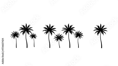 Modern minimalist poster with eight palm tree line drawings in horizontal layout. Black outlines, some solid fills, neutral cream background, clean flat design emphasizing geometry and simplicity.”