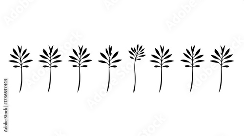 Modern minimalist poster with eight palm tree line drawings in horizontal layout. Black outlines, some solid fills, neutral cream background, clean flat design emphasizing geometry and simplicity.”