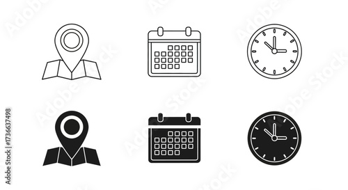 A collection of icons representing location calendar and clock in both outline and solid fill styles