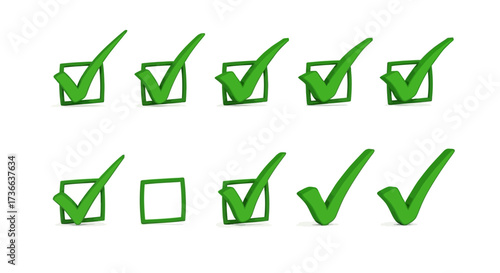 Collection of Green Checkmarks and Checkboxes Indicating Completion and Tasks Done Successfully Showing Progress and Agreement on a White Background