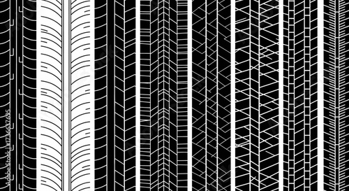 A Collection of Diverse Tire Tread Patterns Illustrating Unique Designs and Textures for Vehicle Traction and Performance
