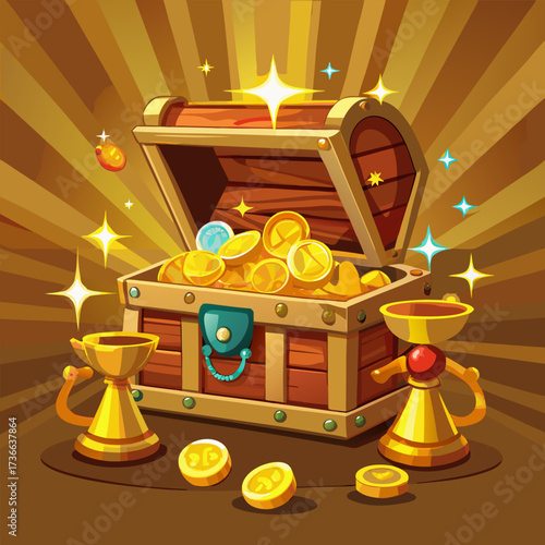 Cartoon treasure chest overflowing with gold coins vector illustration of wealth and riches perfect for game design and financial concepts