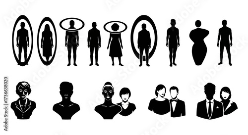 Collection of Diverse Human Silhouettes Representing Various Body Types and Social Interactions Ideal for Graphic Design and Iconography Projects