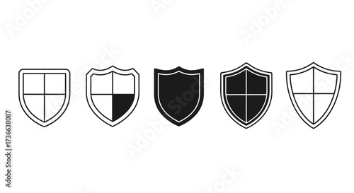 A collection of five diverse shield icons presented on a white background illustrating various designs and fill patterns for security and protection symbols