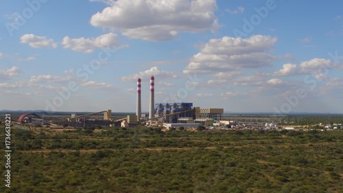 aerial view power plant electricity working on coal fossil fuel, african infrastructure developments Botswana