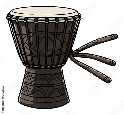 Djembe Drum Vector Illustration - Carved Pattern on White