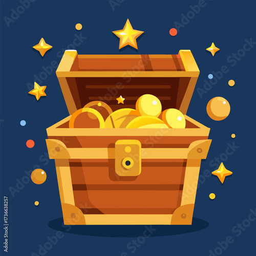 Treasure chest illustration filled with gold coins and stars cartoon vector design for game assets isolated on dark blue background