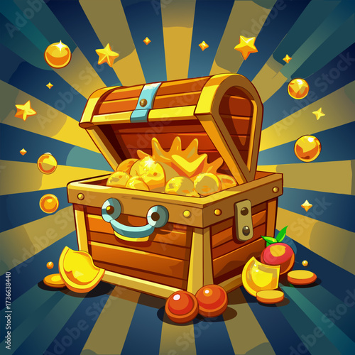 Open treasure chest filled with gold coins and jewels cartoon vector illustration concept for wealth and fortune