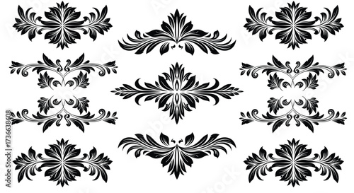 Collection of nine black ornamental floral design elements on a white background Keywords: floral, ornament, flourish, scroll, decorative, vintage, elegant, swirl, flourish, design, element, black