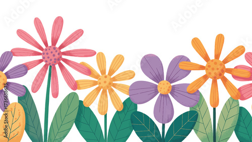 A whimsical illustration of colorful flowers arranged horizontally across a white background. 