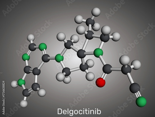 Delgocitinib molecule. Topical pan-JAK inhibitor for atopic dermatitis (eczema) treatment. Molecular model. 3D rendering. Illustration