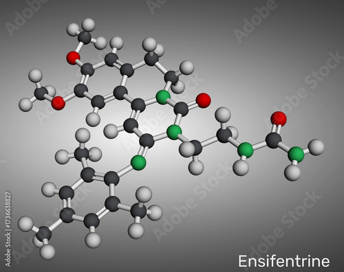 Ensifentrine molecule. Dual PDE3 and PDE4 inhibitor investigated for treatment of COPD and asthma. Molecular model. 3D rendering. Illustration