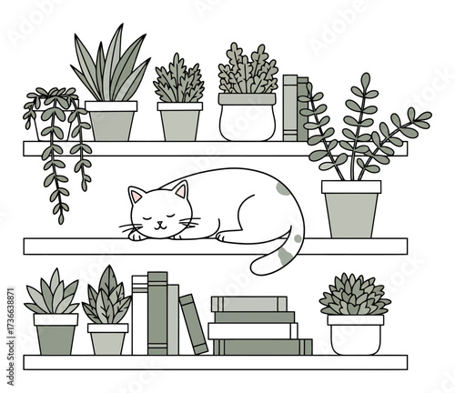 Cute cat sleeping on a bookshelf surrounded by houseplants and books. Cozy line art vector illustration for home interior, pet lovers, and hygge concepts.