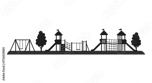 Silhouette of a children's playground with swings slides and towers outdoors