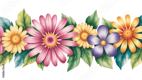 A whimsical illustration of colorful flowers arranged horizontally across a white background. 