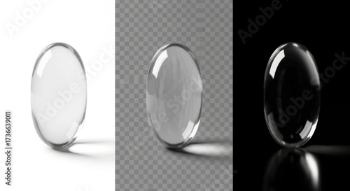 Crystal Clear Gel Capsule Object Shown in Three Different Studio Lighting Conditions Against White Transparent and Black Backgrounds