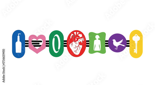 A vibrant conceptual graphic design representing diverse human elements and life symbols in a playful linear arrangement