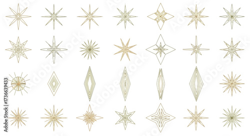 Collection of Golden Sparkling Starbursts and Diamond Shapes with Intricate Geometric Designs on a White Background Ideal for Festive Decorations and Elegant Accents