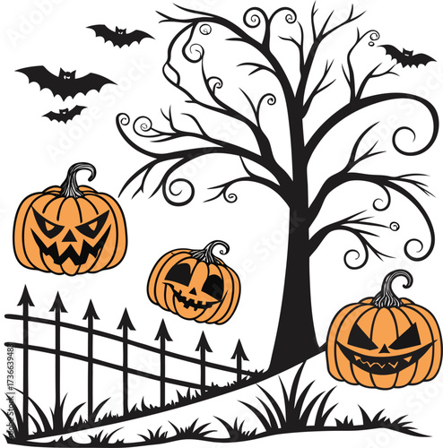 Set of three carved halloween pumpkins with jack-o'-lantern faces in full color, black silhouette, and line drawing style