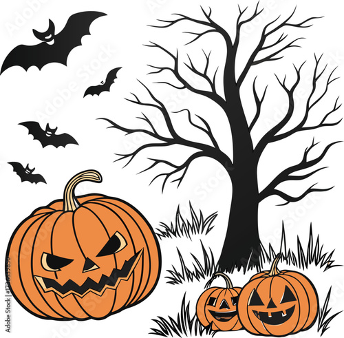 Set of carved halloween pumpkins with jack-o'-lantern faces in full color, black silhouette, and line drawing style