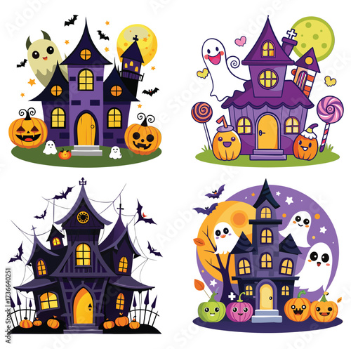 Dark Halloween night with a spooky haunted house or castle silhouette, bats, moon, and tree vector illustration on a white backround 