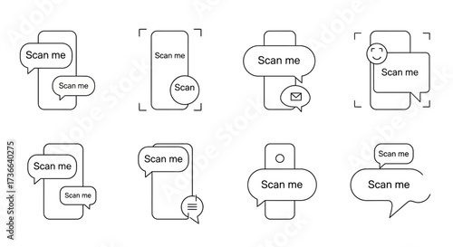 Collection of Mobile Scan Me Icons and Message Bubbles Illustrating QR Code Scanning and User Interaction Scenarios