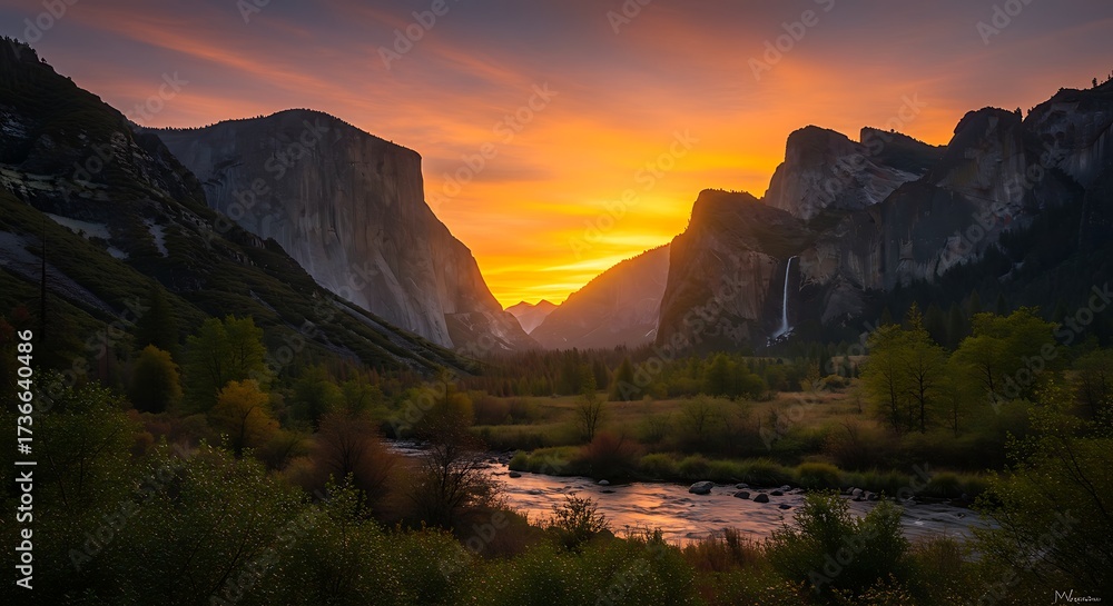 Naklejka premium Vibrant Sunset Colors Paint the Majestic Yosemite Valley Landscape at Golden Hour