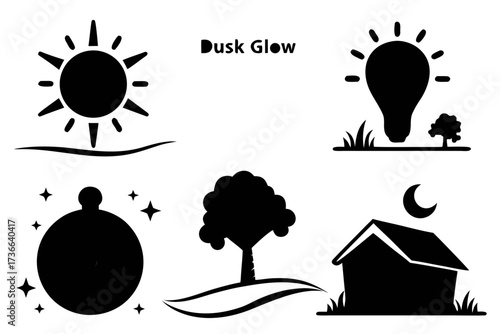 Six minimalist dusk glow icons in black and color