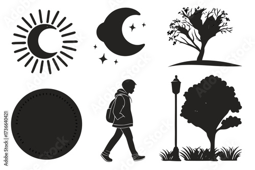 Six minimalist dusk glow icons in black and yellow cyan magenta