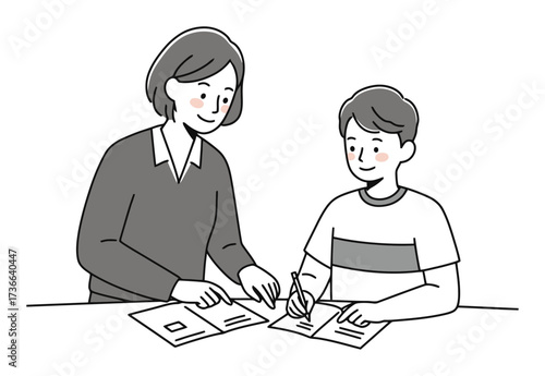 Minimalist Vector: Teacher Assisting Dyslexic Student One-on-One, Clean Design