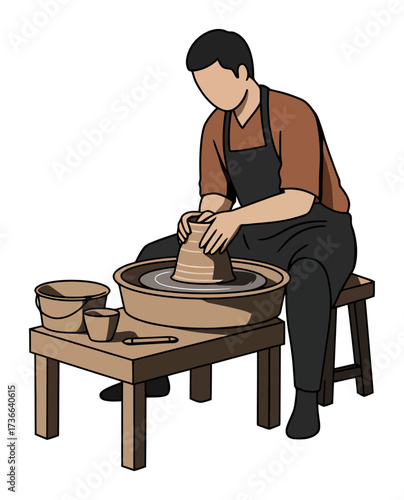 Male potter making a clay pot on a pottery wheel. Vector illustration of an artisan craftsman working in a workshop, representing traditional hobbies and handmade crafts.