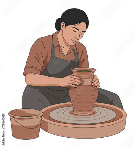 Minimalist Vector Pottery Artisan Crafting Clay on Wheel, White Background